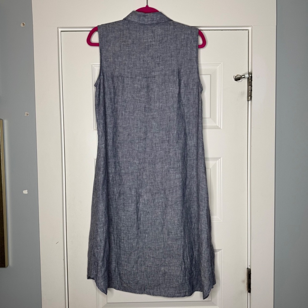 Magaschoni Blue Chambray Linen Button-Up Midi Shirt Dress Sleeveless Sz Medium - Picture 2 of 6